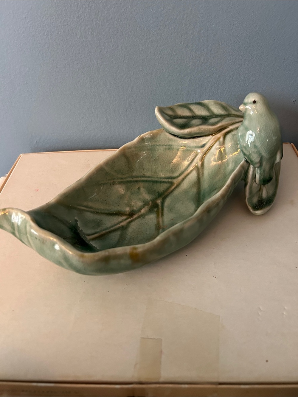 Vintage Unmarked Ceramic Leaf Dish with Bird Accent - Sage Green 10” EUC